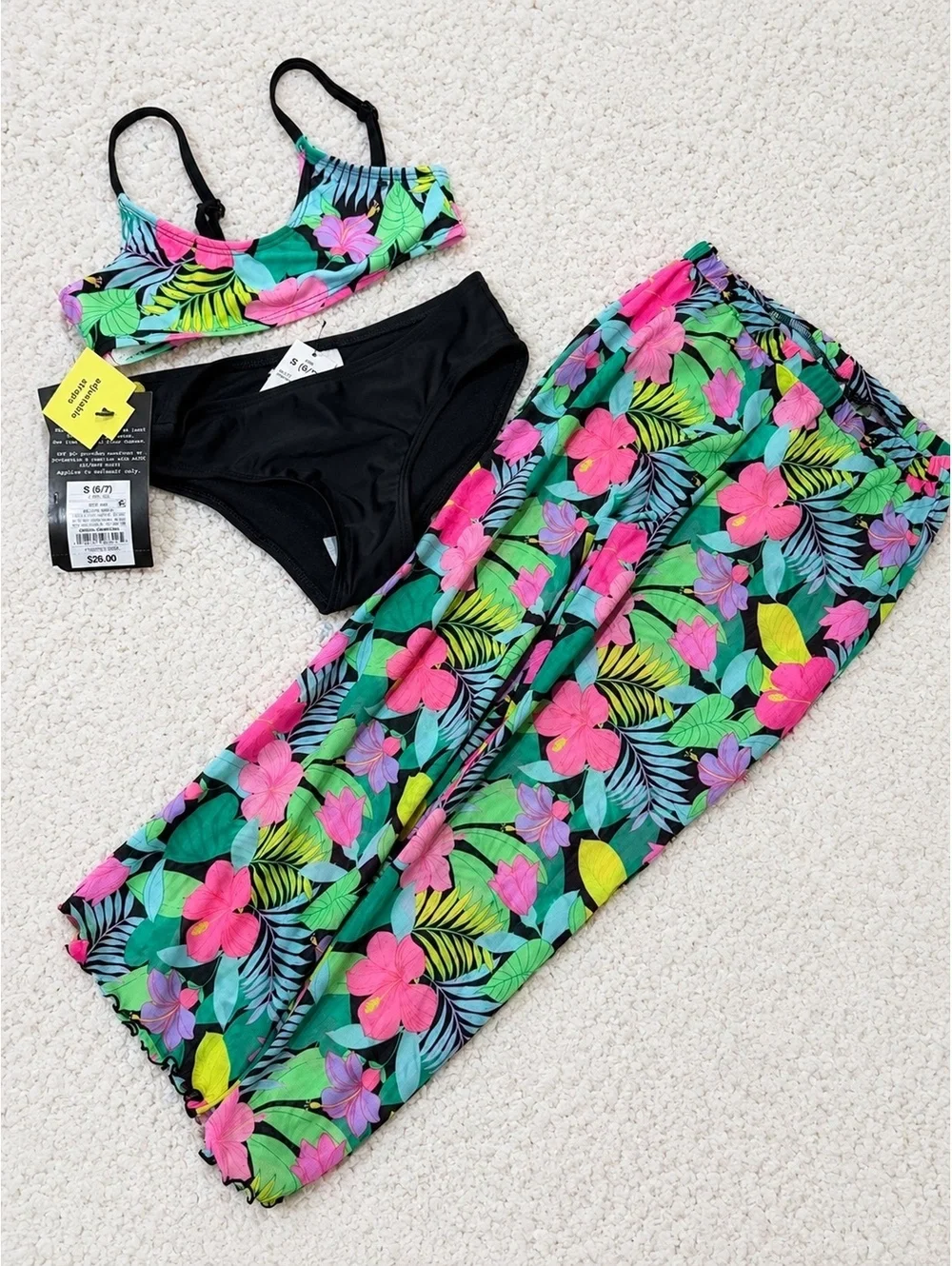 Girls 3pc Tropical Swimsuit Bikini Set Size 6/7 Cover Up Pants NWT